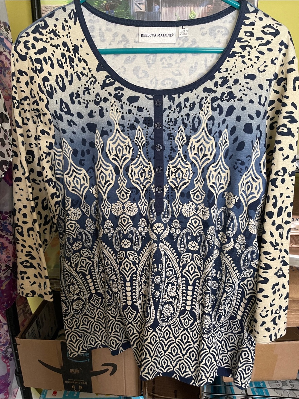 Rebecca Malone Navy and Cream Printed Henley Tunic